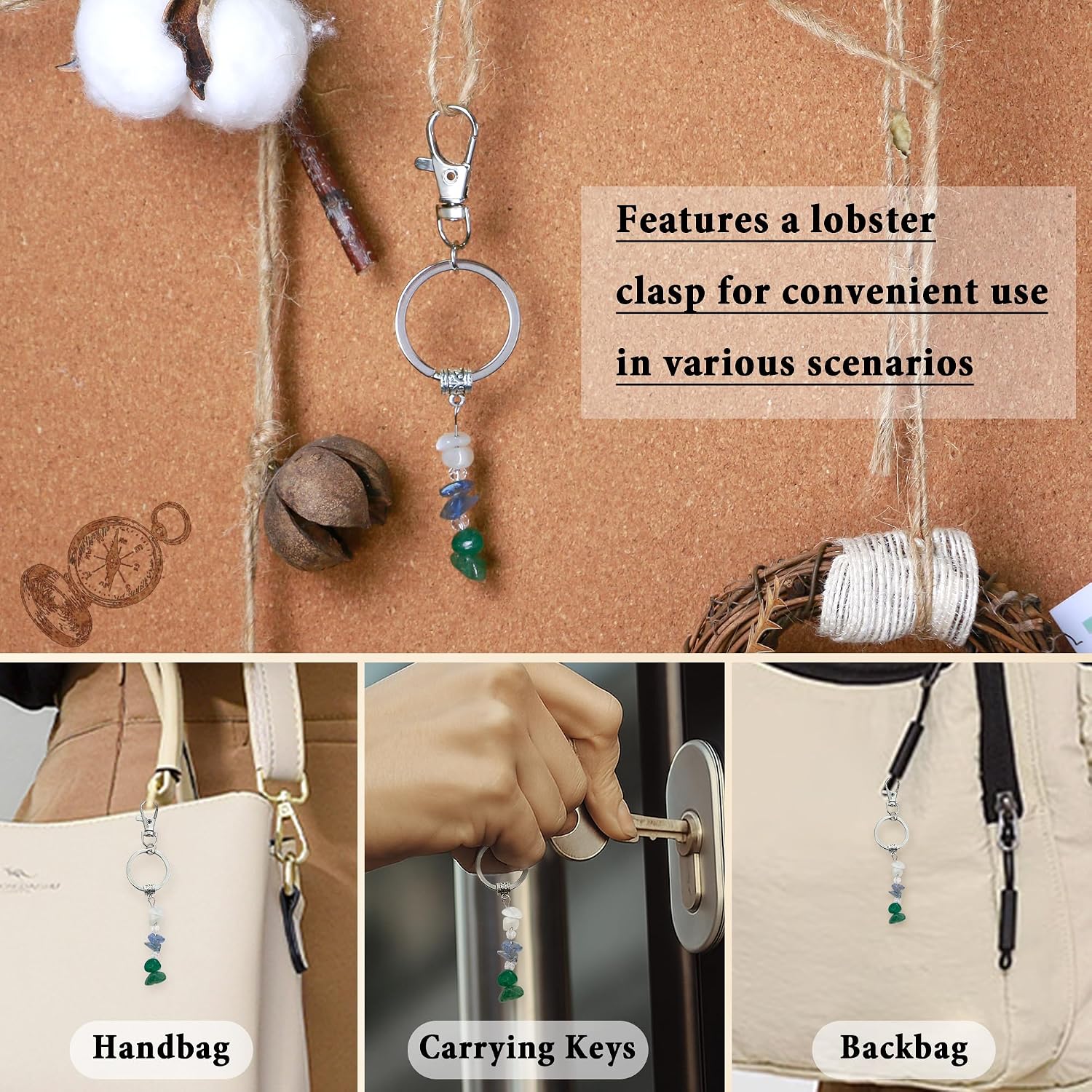 Detalle 2 de Trinckle New Beginnings Nature Crystal Keychain for Women – Moonstone, Labradorite & Green Aventurine