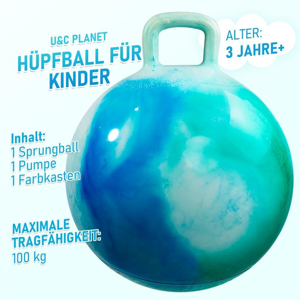 Detalle de U&C Planet Hüpfball (Aufblasbarer Hopperball) 50 cm mit Pumpe, bis 100 kg – für Kinder 5–9, Wolke blau