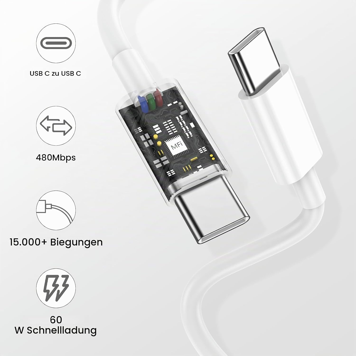 Detalle de USB-C Schnellladegerät mit 20W und 2 m Kabel – kompatibel mit iPhone, iPad und vielen Geräten