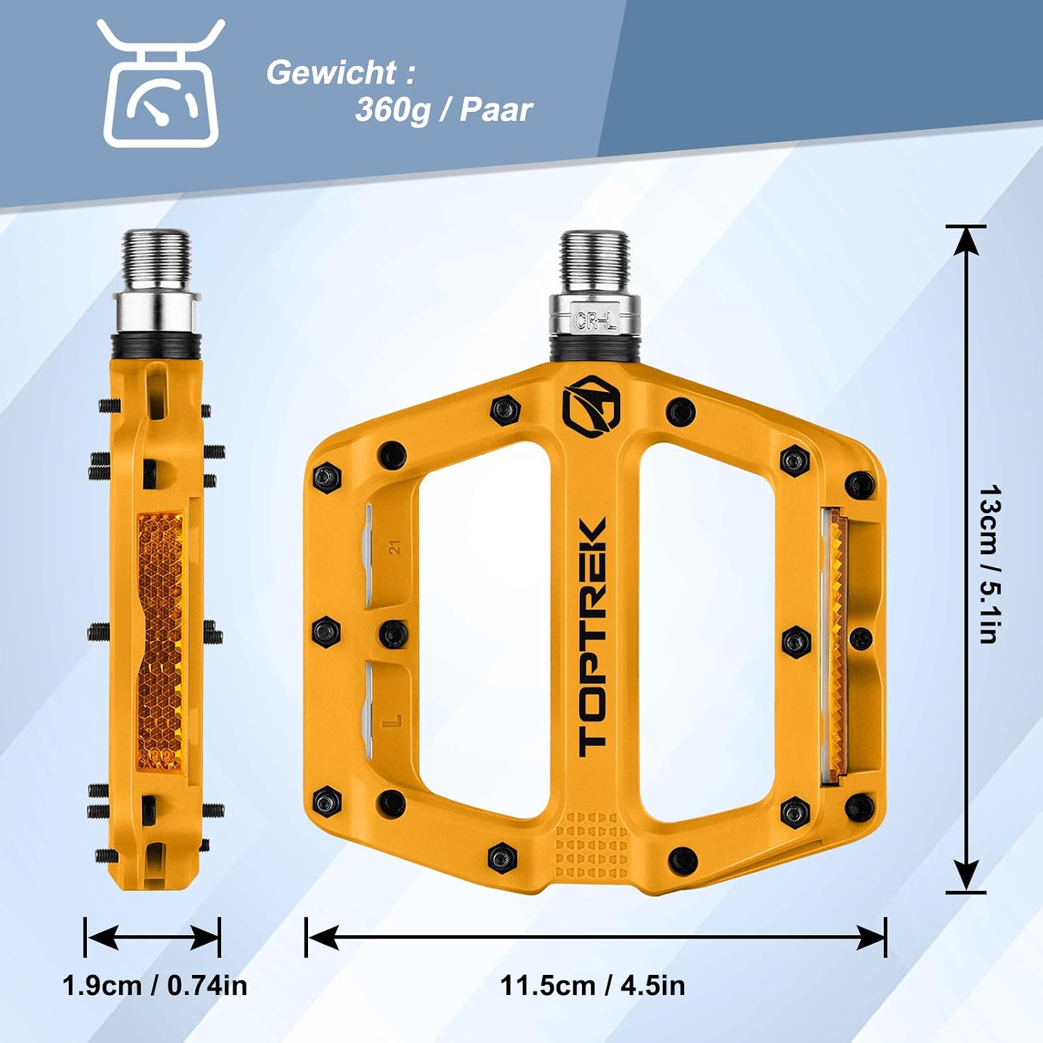 Detalle de toptrek Fahrradpedale mit StVZO Reflektoren (Nylon-Composite Flatpedale) – 9/16 Zoll, 3-Lager-Set mit rutschfesten Pins