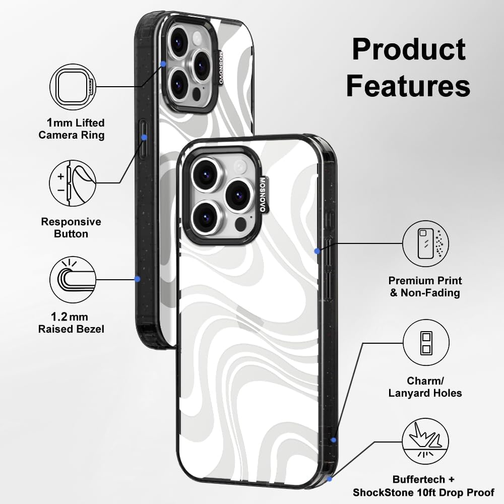 Detalle de MOSNOVO iPhone 16 Pro Case — Military-Grade Drop Protection, Dual-Layer Durability, Remolino White/Black Transparent