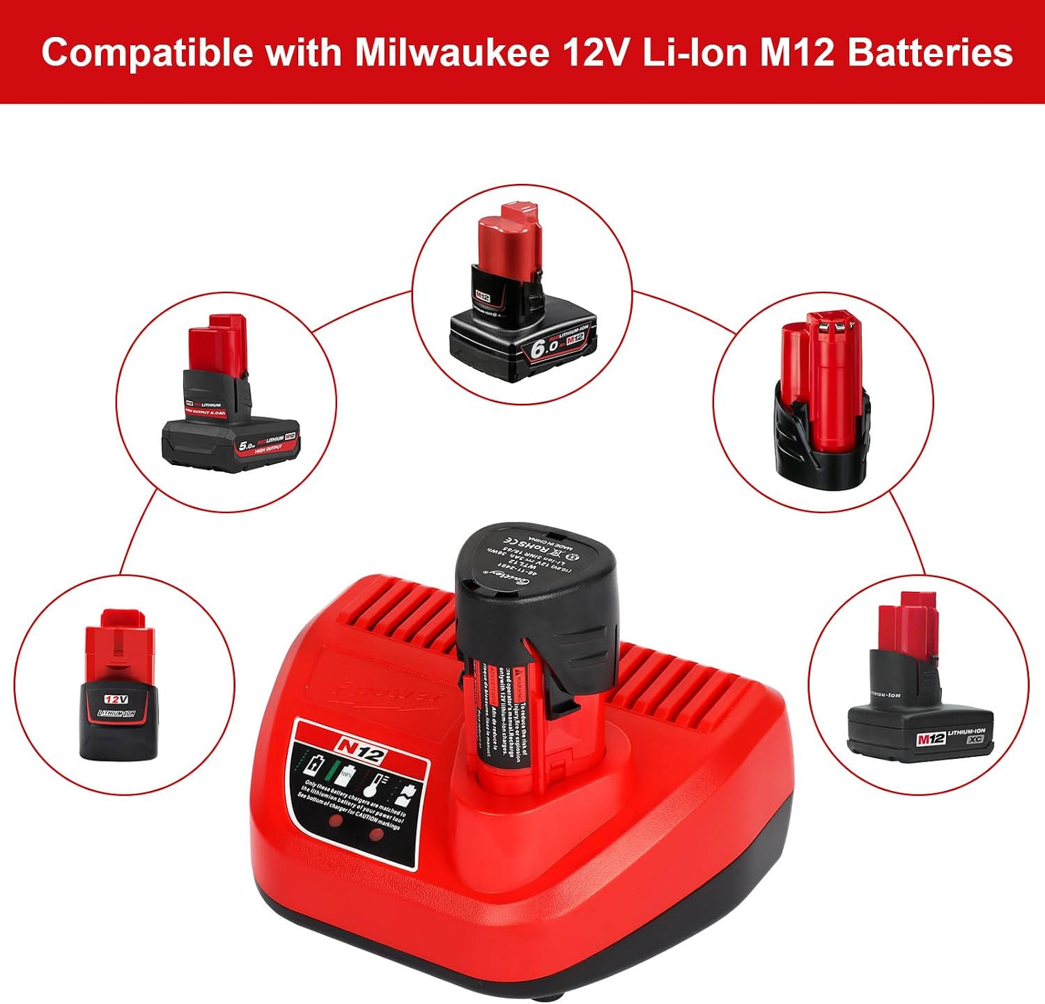 Detalle 2 de Kit Powarobor 2 batteries M12B3 12V 3,0Ah + chargeur 12V compatible Milwaukee M12 Li-ion