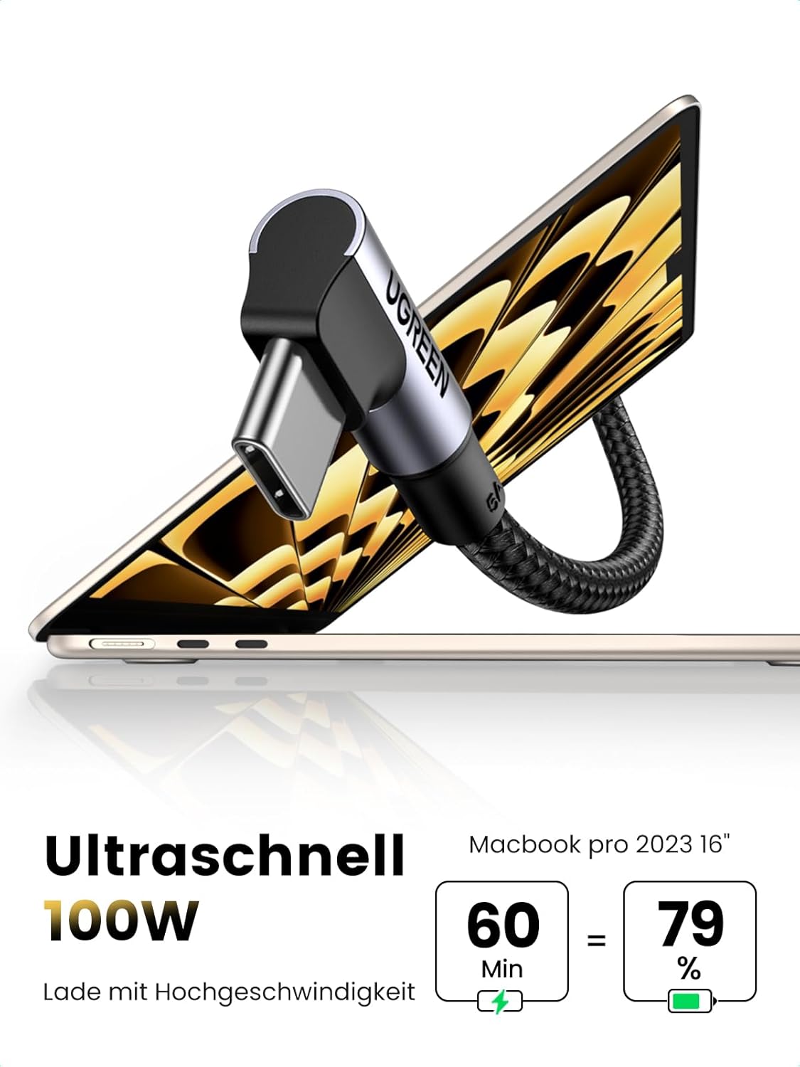 Detalle de UGREEN USB-C Kabel 100W Winkelstecker (USB-C auf USB-C) mit PD 3.0/PPS, 0,5 m