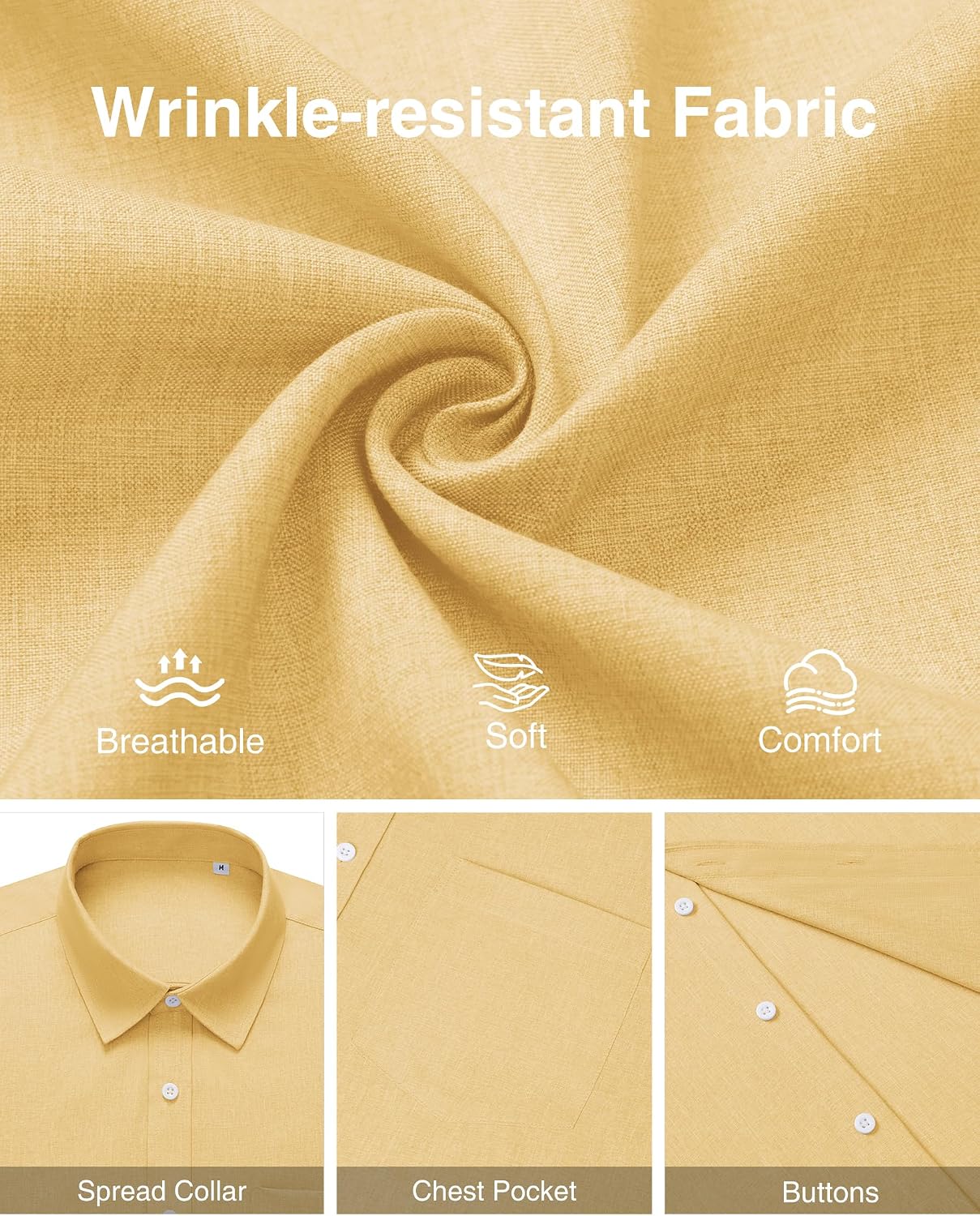 Detalle de ROUWELL Men's Linen-Blend Button-Down Shirt, Short Sleeve, Relaxed Untucked Fit