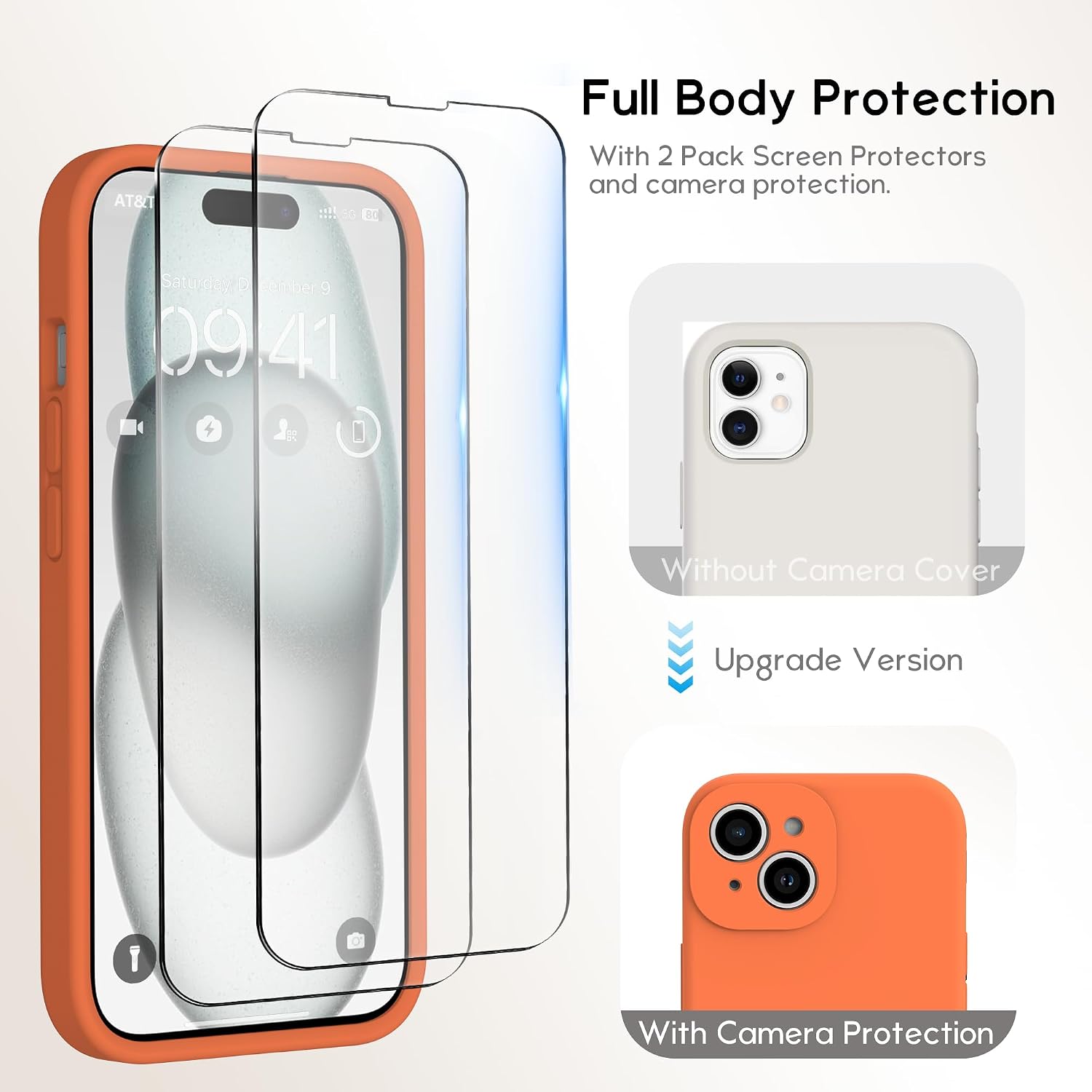Detalle de INGIDO Gelborange Hülle für iPhone 15 – Flüssigsilikon mit erweitertem Kameraschutz und Soft-Mikrofaserfutter