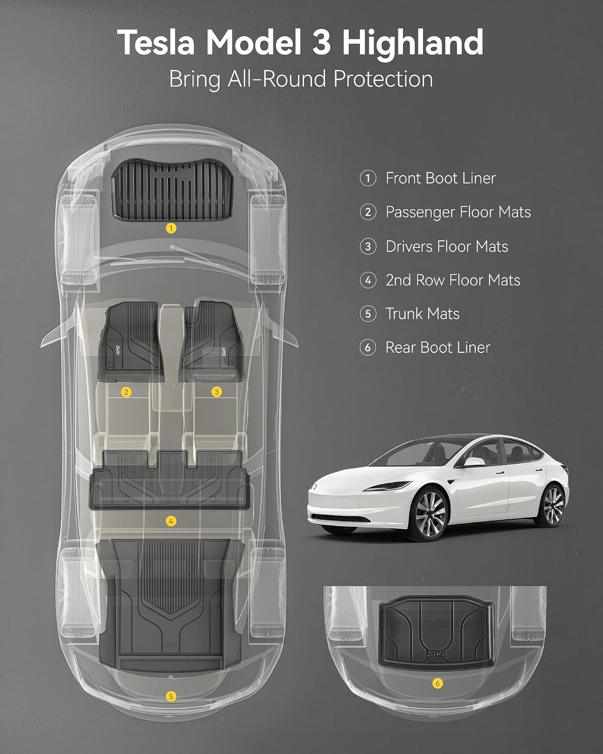 Thumbnail 2 de 3W All-Weather Floor Mats & Boot Liner for Tesla Model 3 (2021–2023) – Odorless TPE, 6‑Piece Set