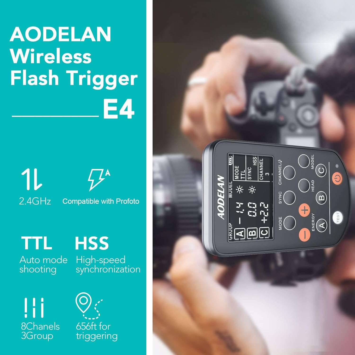Detalle de AODELAN E4 kabelloser TTL-Blitzauslöser für Canon – 8 digitale Kanäle, HSS bis 1/8.000 s, Air-Remote TTL-C Ersatz