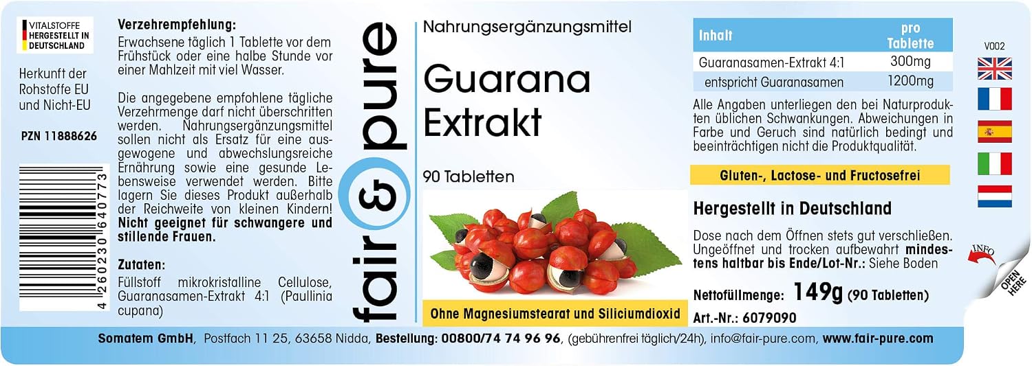Detalle de Fair & Pure Guarana Extrakt 300 mg – 90 Tabletten, 4:1 Extrakt aus Guaranasamen