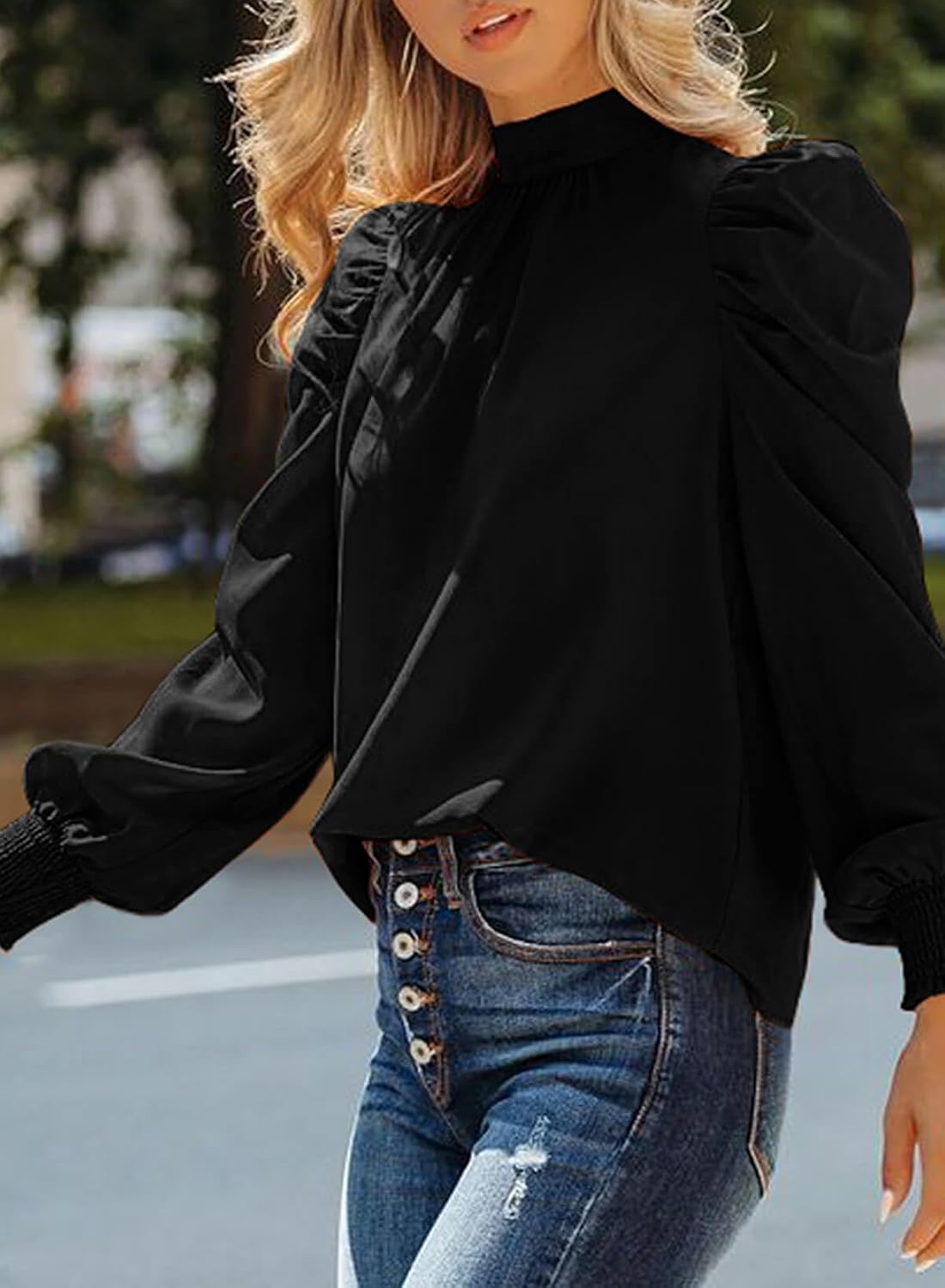 Detalle de Dokotoo Women’s Blouses Top: Elegant Puff Sleeve Turtleneck Chiffon Shirt