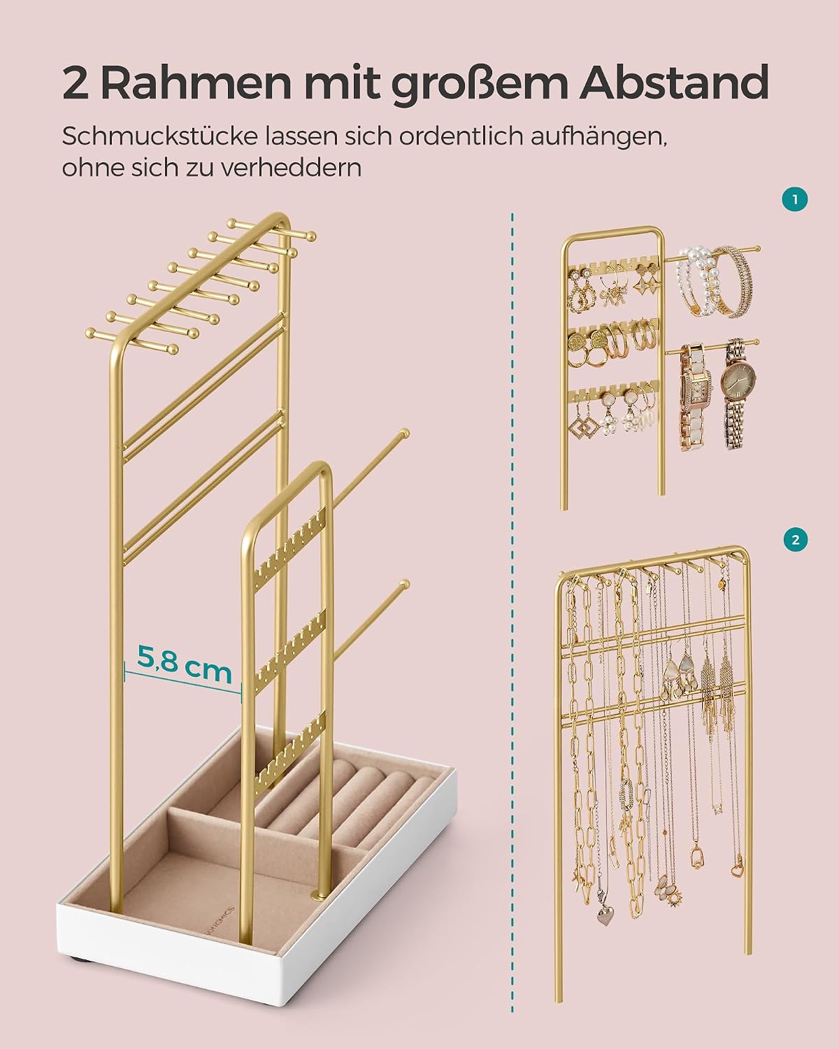 Detalle de SONGMICS Schmuckständer JJS021A01 mit Samtboden und Metallrahmen – für Ketten, Armbänder, Ohrringe & Ringe in goldfarben