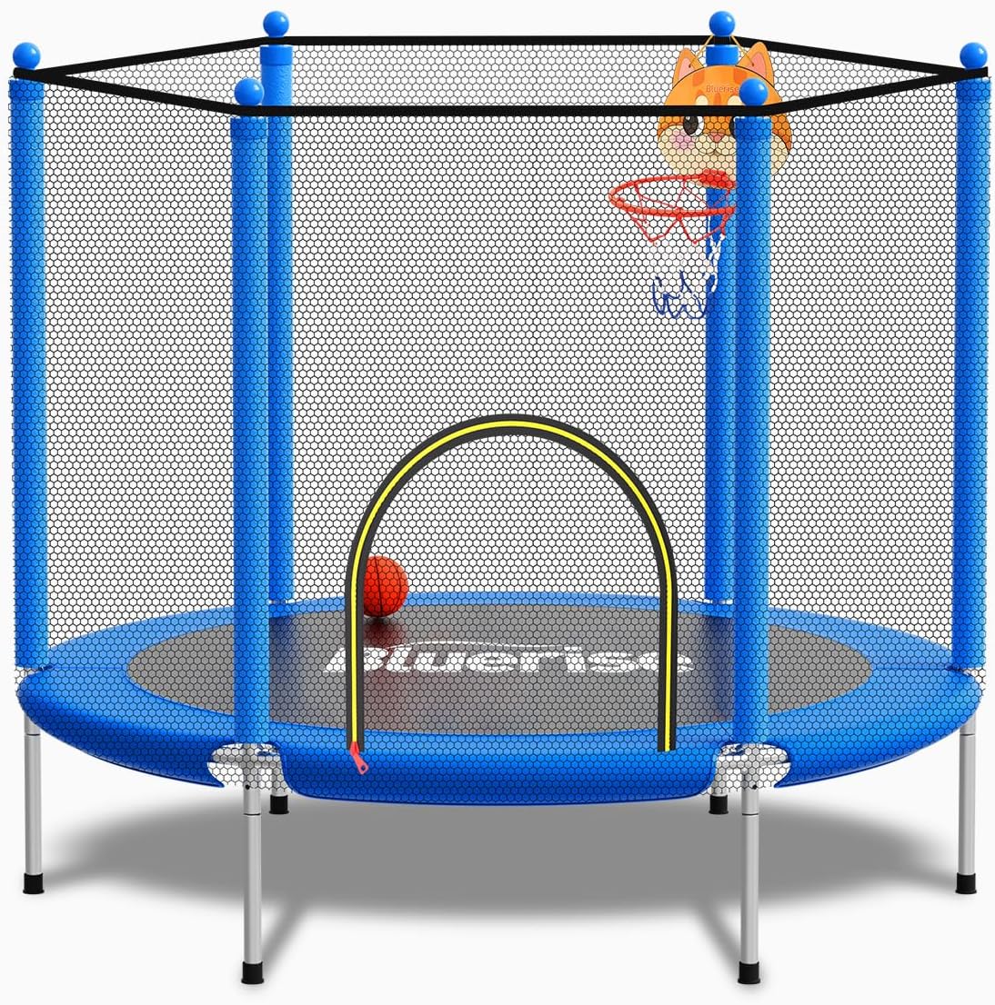 Detalle de BLUERISE 55in 6ft Toddler Trampoline with Enclosure Net and Basketball Hoop Attachment