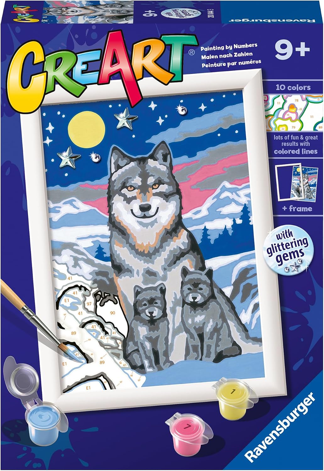 Detalle de Ravensburger CreArt Lupi al chiaro luna – Dipingere con i Numeri, kit pittura per bambini 9+