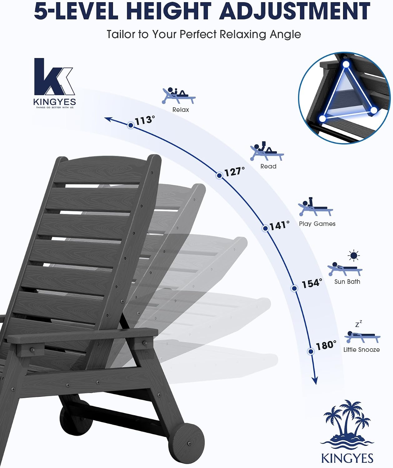 Detalle de KINGYES A041-086 Outdoor Lounge Chair Set of 4, HDPE, 5-Position Backrest