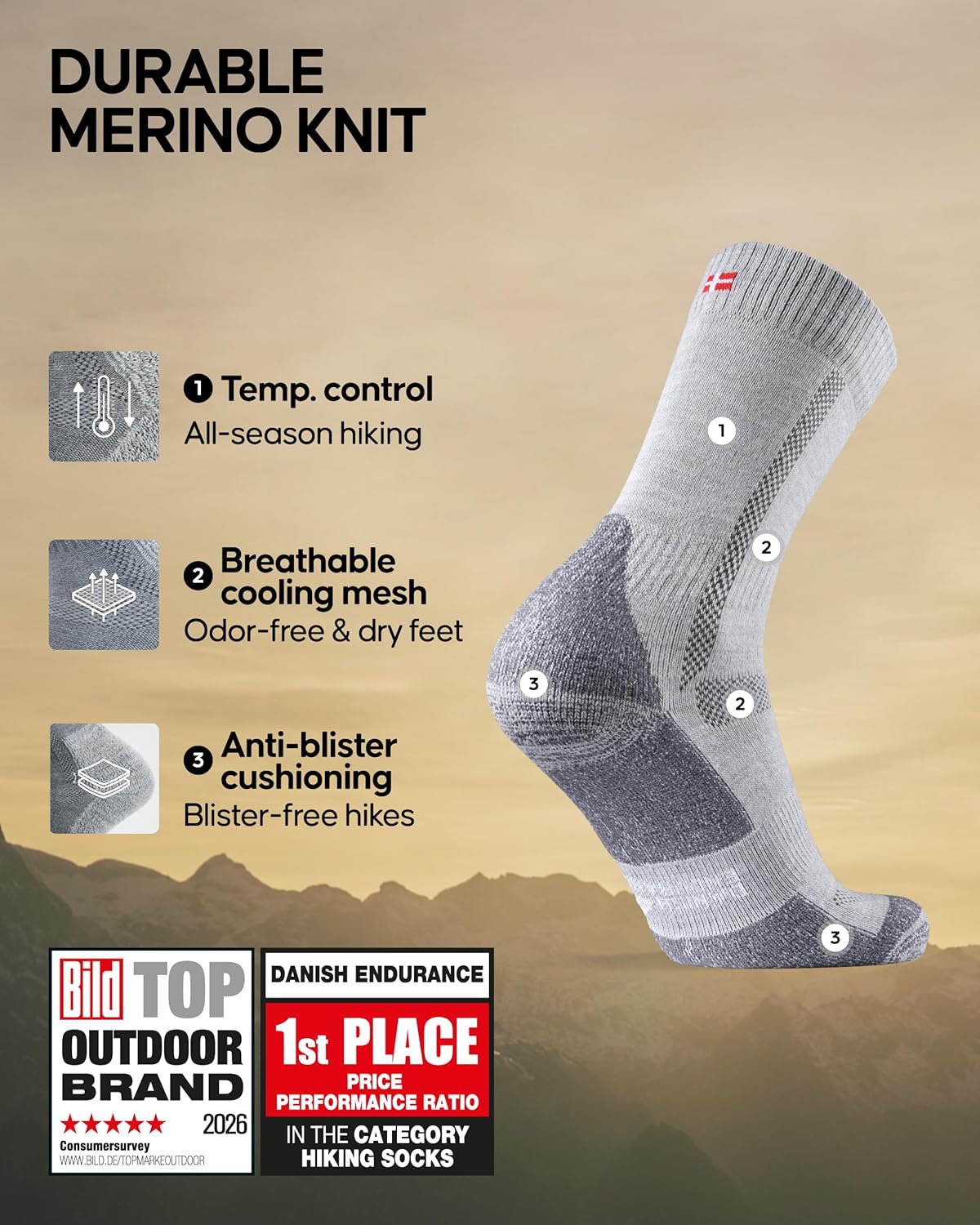 Thumbnail 1 de DANISH ENDURANCE Hiking Socks – Breathable Merino Wool, Anti-Blister Cushioning (Unisex, 3 or 5-Pack)