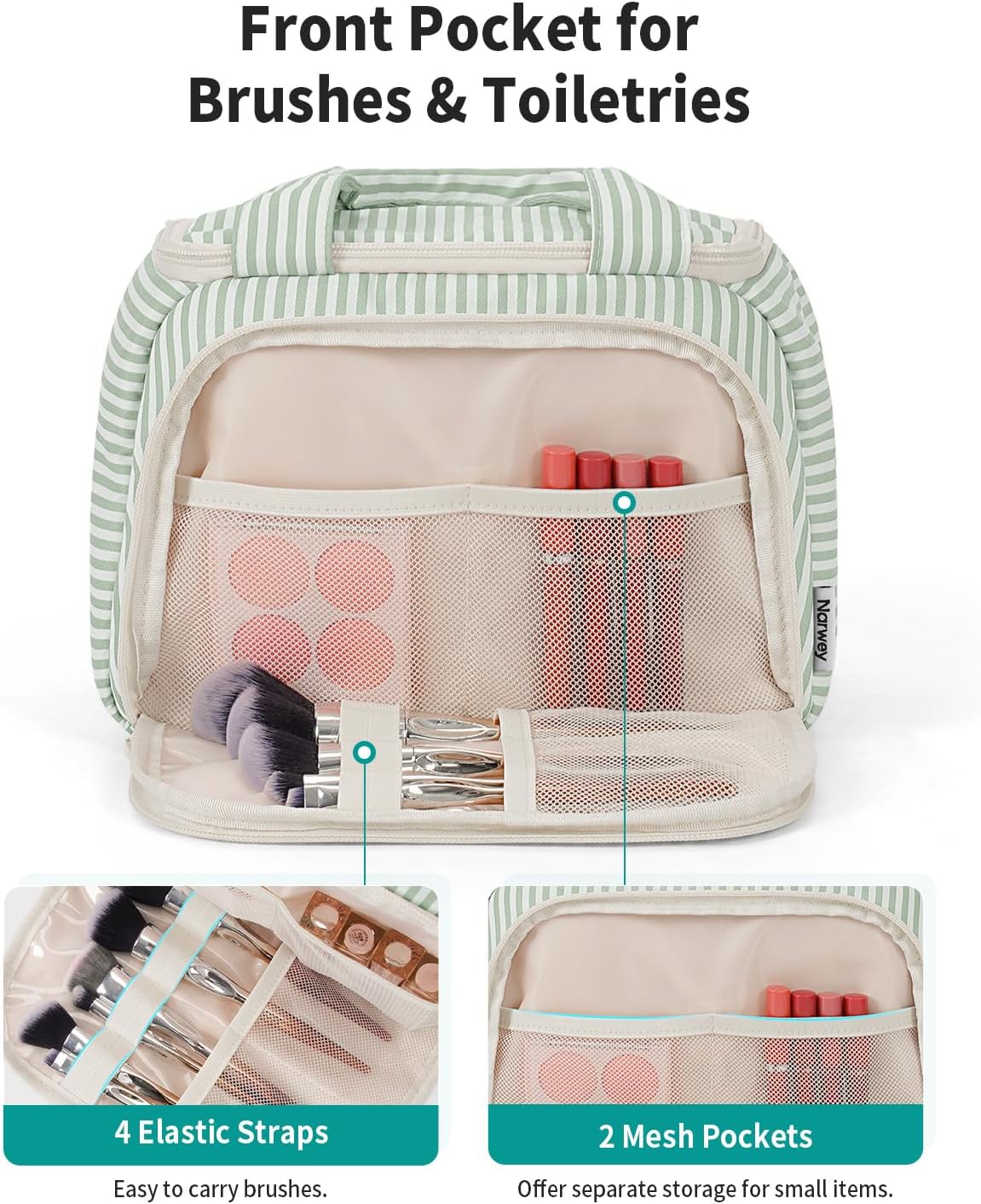 Detalle de Narwey Large Toiletry Bag for Women (Mint Green Stripe): A Practical Travel Organizer