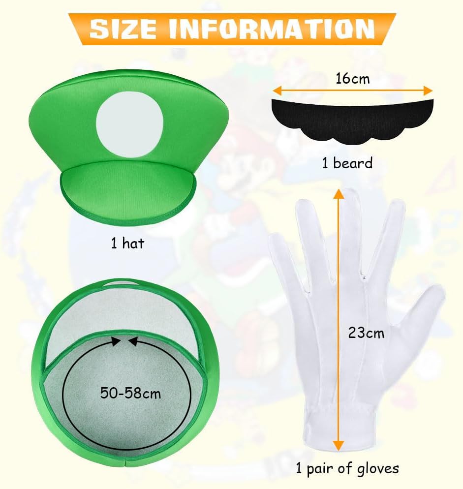 Thumbnail 3 de Aomig Cosplay Kostüm-Set „Luigi Bros“ (4-teilig) mit Mütze, Hose und Zubehör – für Karneval & Fasching