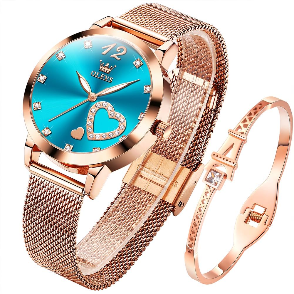 Detalle de OLEVS Montre pour Femme Or Rose avec cœur Diamant – étanche 30 m, cadran cœur et mouvement quartz japonais