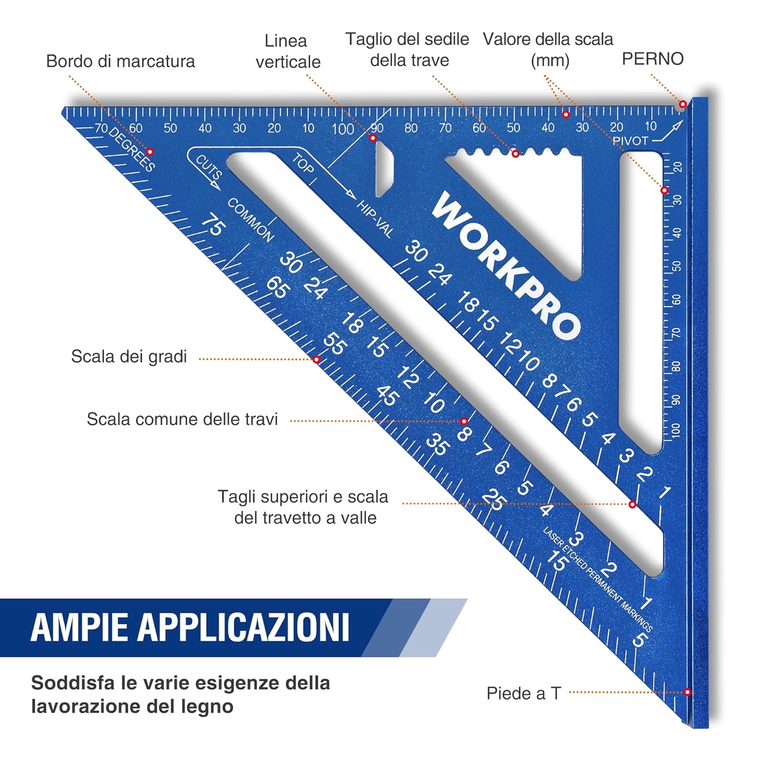 Detalle de WORKPRO Squadra da falegname multifunzione 180 mm – Righello triangolare in alluminio, 45°-90°, blu