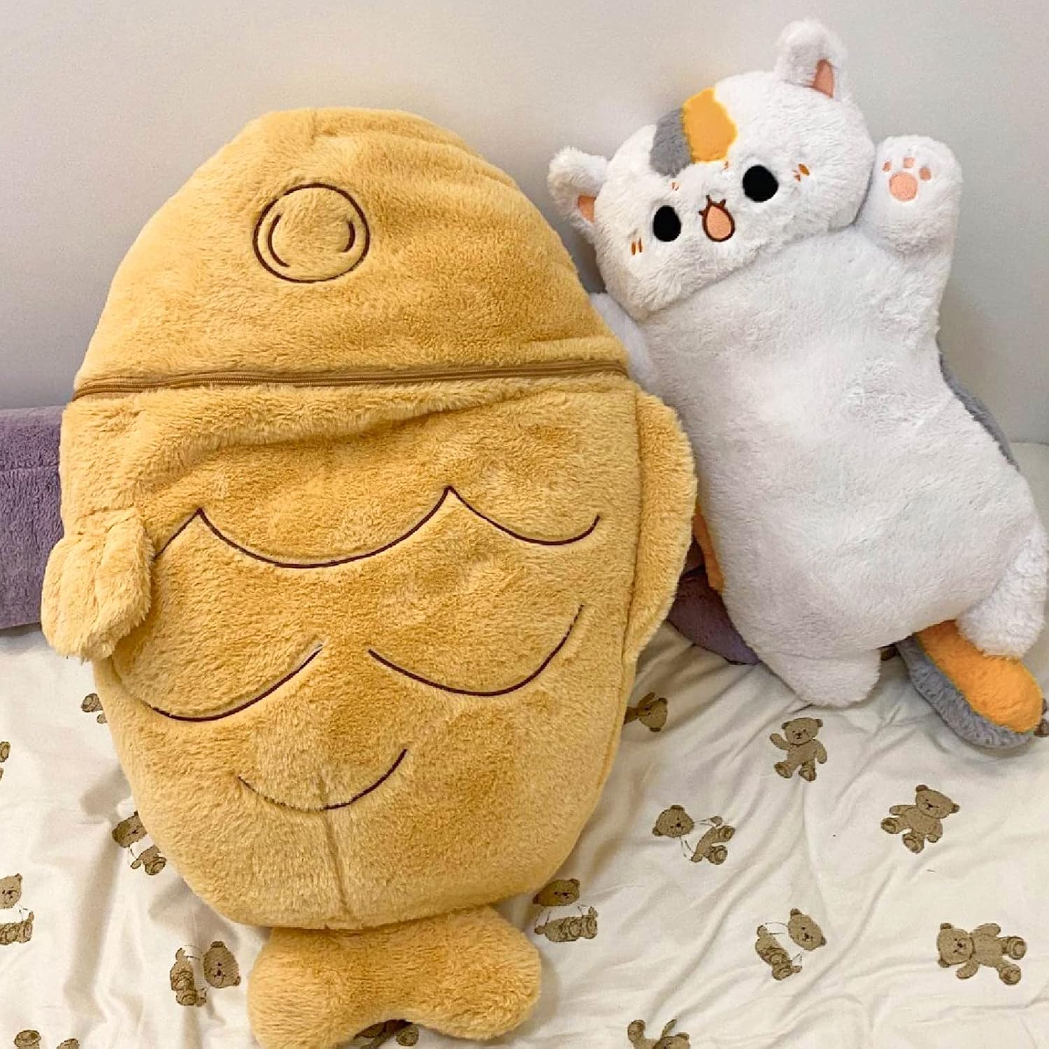 Detalle de Shownicer Plüschtier Katze Kuscheltier 2-in-1 Fisch-Kätzchen-Kissen – 80 cm