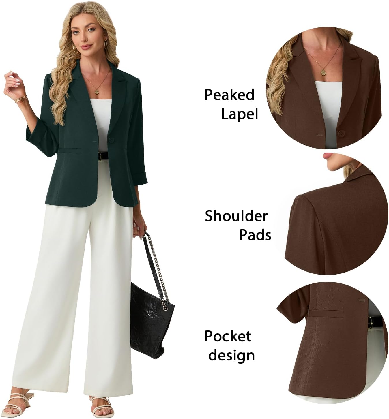 Thumbnail 6 de GRECERELLE Women's 3/4-Sleeve Work Blazer with Peaked Lapel and Pockets