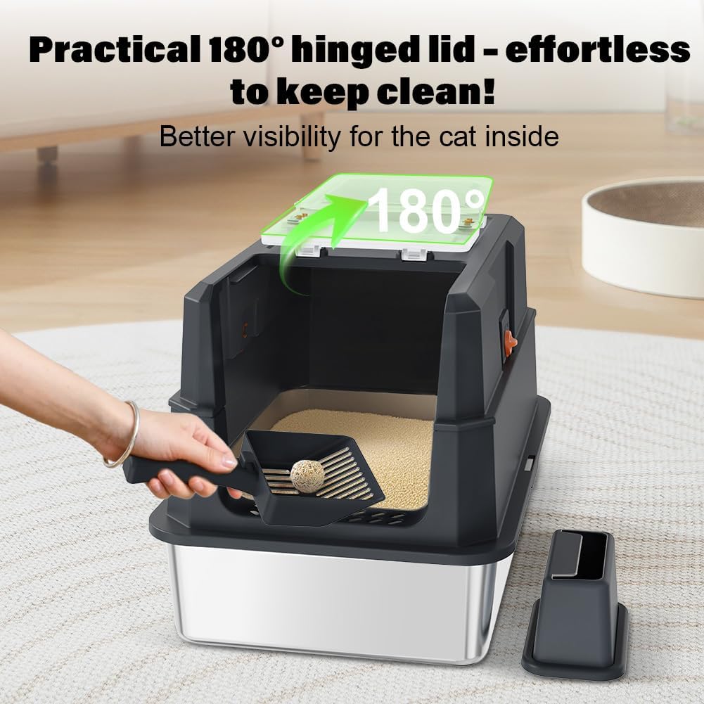 Detalle de SZEE Stainless Steel Cat Litter Tray with Lid (Black) — spacious, easy-clean litter box for odour control