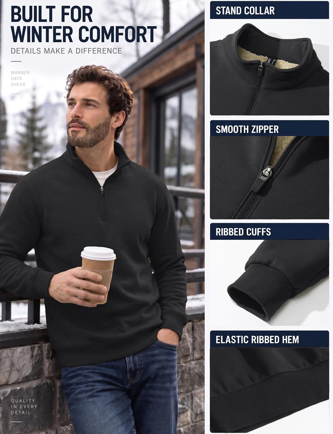 Detalle 2 de TACVASEN Men's Quarter-Zip Sherpa Fleece Pullover, Thick Long-Sleeve Sweater