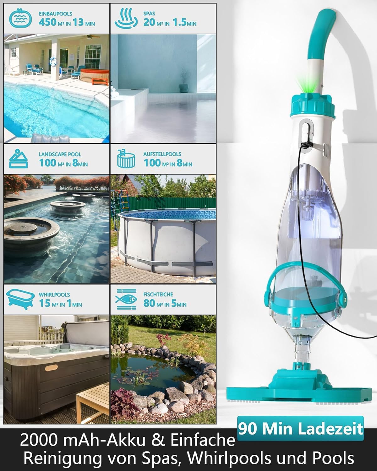 Thumbnail 5 de FOTING Akku-Poolsauger mit All-Angle-Saugfunktion, bis 4.200 l/h und LED-Display (für oberirdische Pools)