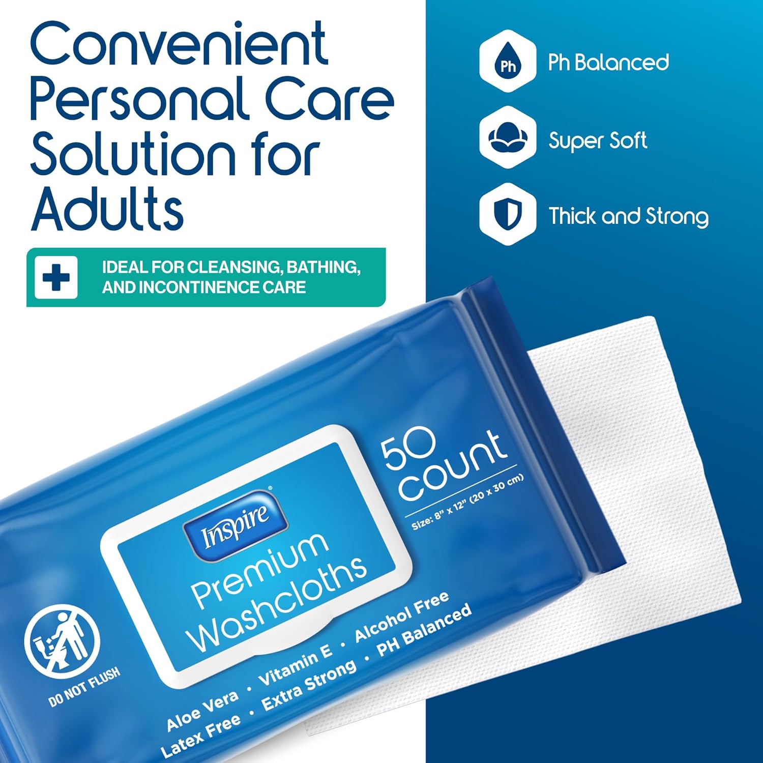 Thumbnail 1 de Inspire Extra Large Adult Wet Wipes for Incontinence & Cleansing (8" x 12", Pack of 8)