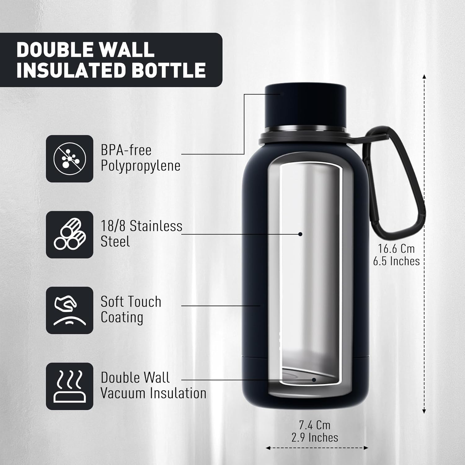 Detalle 2 de Exllena 350ml Double Wall Vacuum Insulated Bottle with Clip (Black) – Keeps Drinks Cold for 24h, Hot for 12h