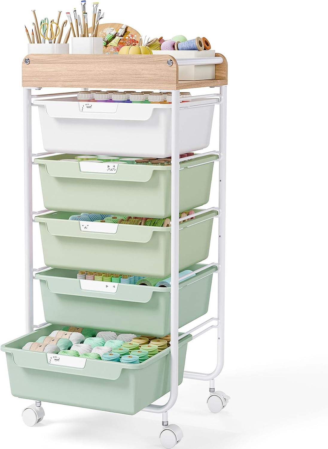 Detalle de SYKIARIOL 1431+1233+1432 5-Drawer Rolling Craft Cart, Green