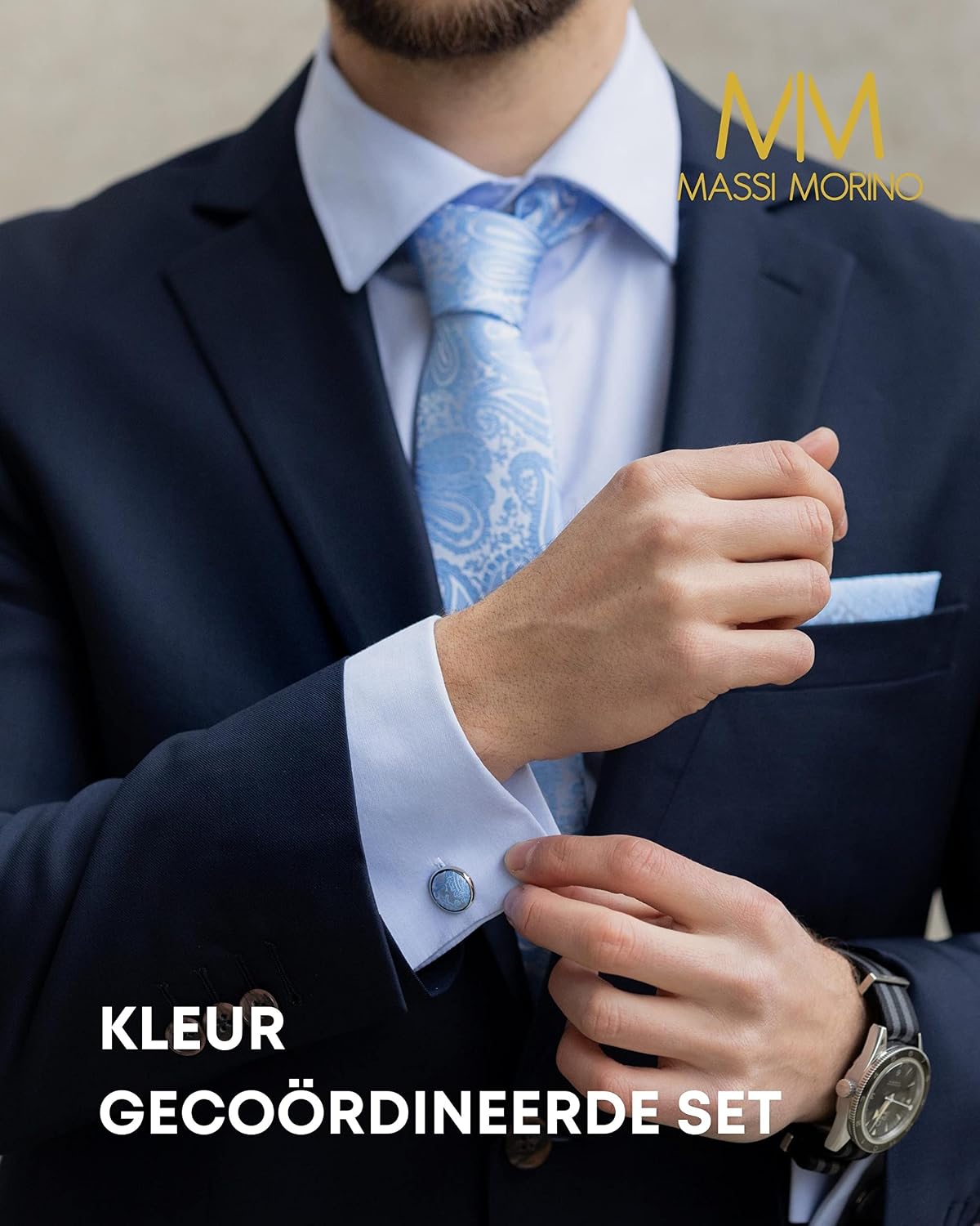 Detalle de Massi Morino herendas als geschenkset met pochet, manchetknopen en dasspeld