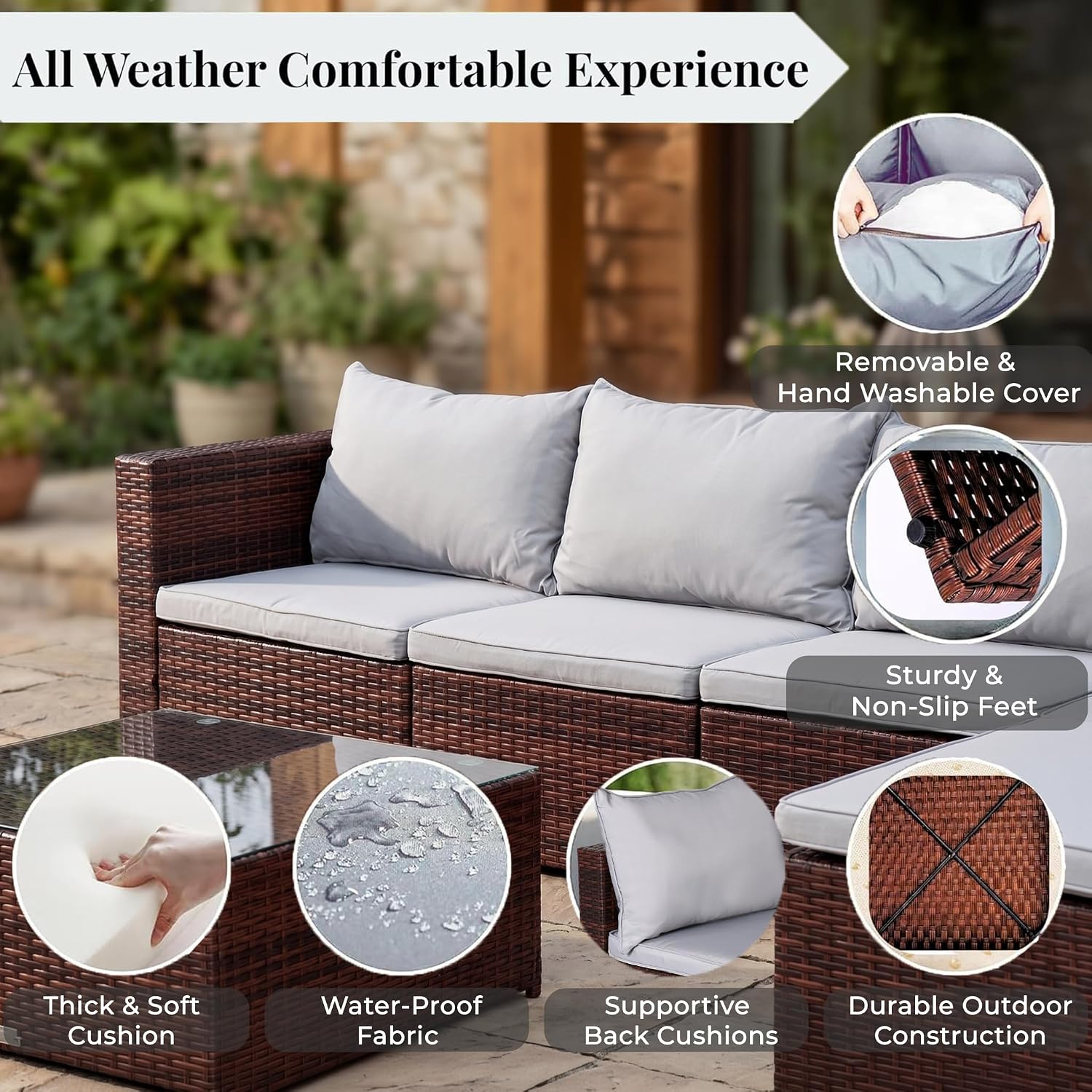 Thumbnail 2 de EVRE Miami Rattan Garden Furniture: 5‑Seat Corner Sofa Set with Glass Table and Cushions