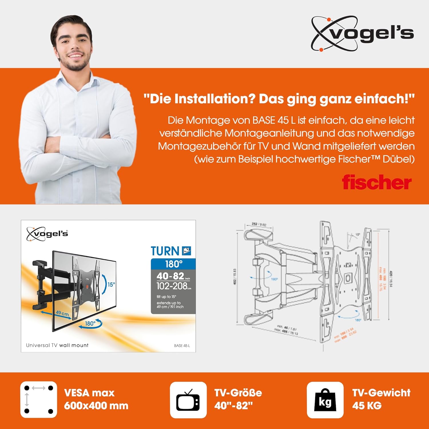 Detalle 2 de Vogel's BASE 45 L Schwenkbare TV-Wandhalterung für 40–80 Zoll | bis 45 kg, VESA 600x400, TÜV-zertifiziert