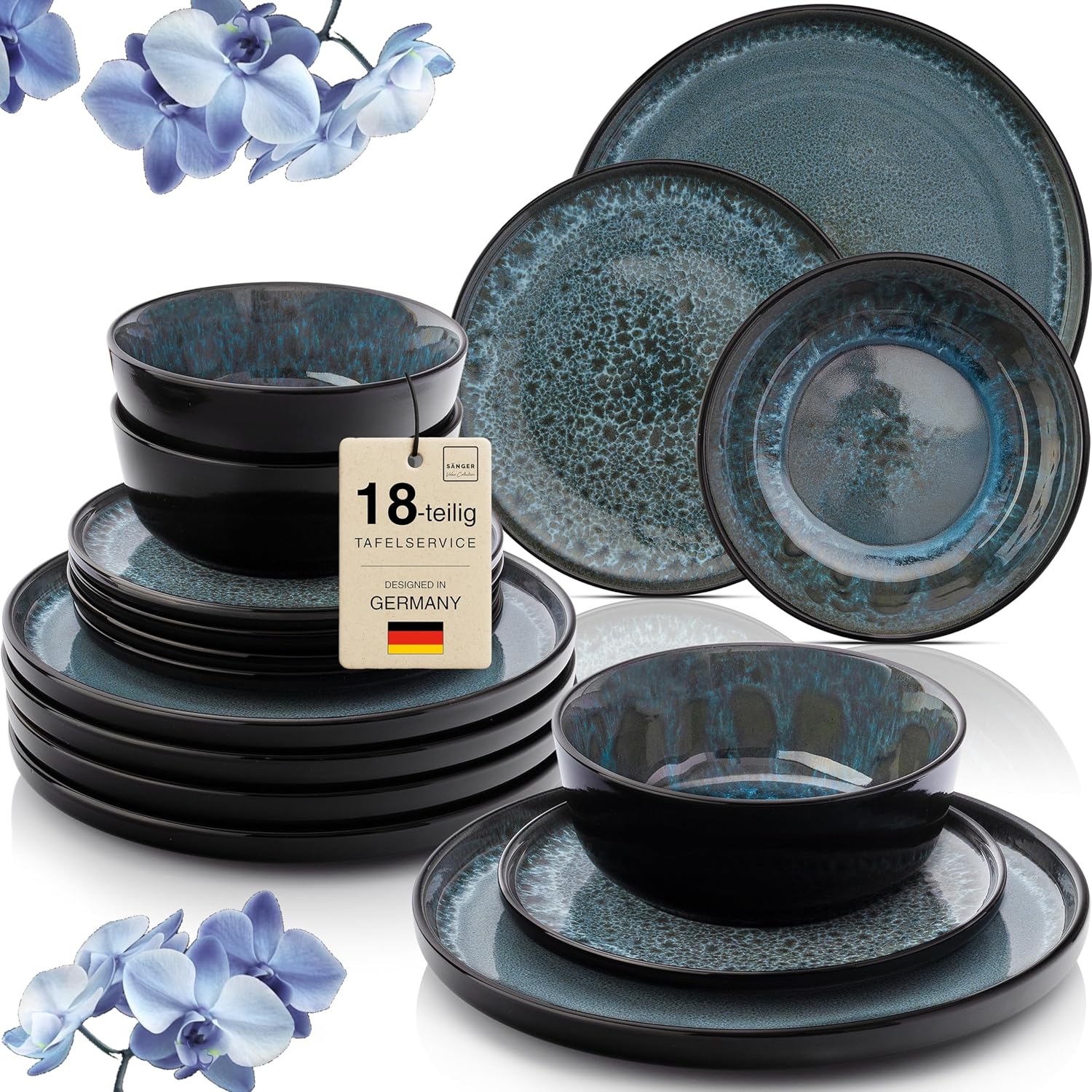 Detalle de SÄNGER Manila 18-tlg. Steingut-Geschirrset, blau mit schwarzem Rand – Teller-Set für 6 Personen