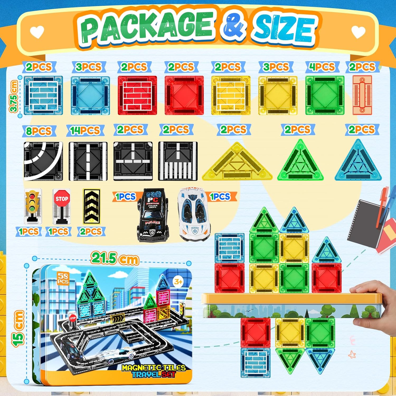 Detalle de iKidiki 58 PCS Mini Travel Magnetic Tiles Set – Compact City-Building Play for 3–6 Year Olds