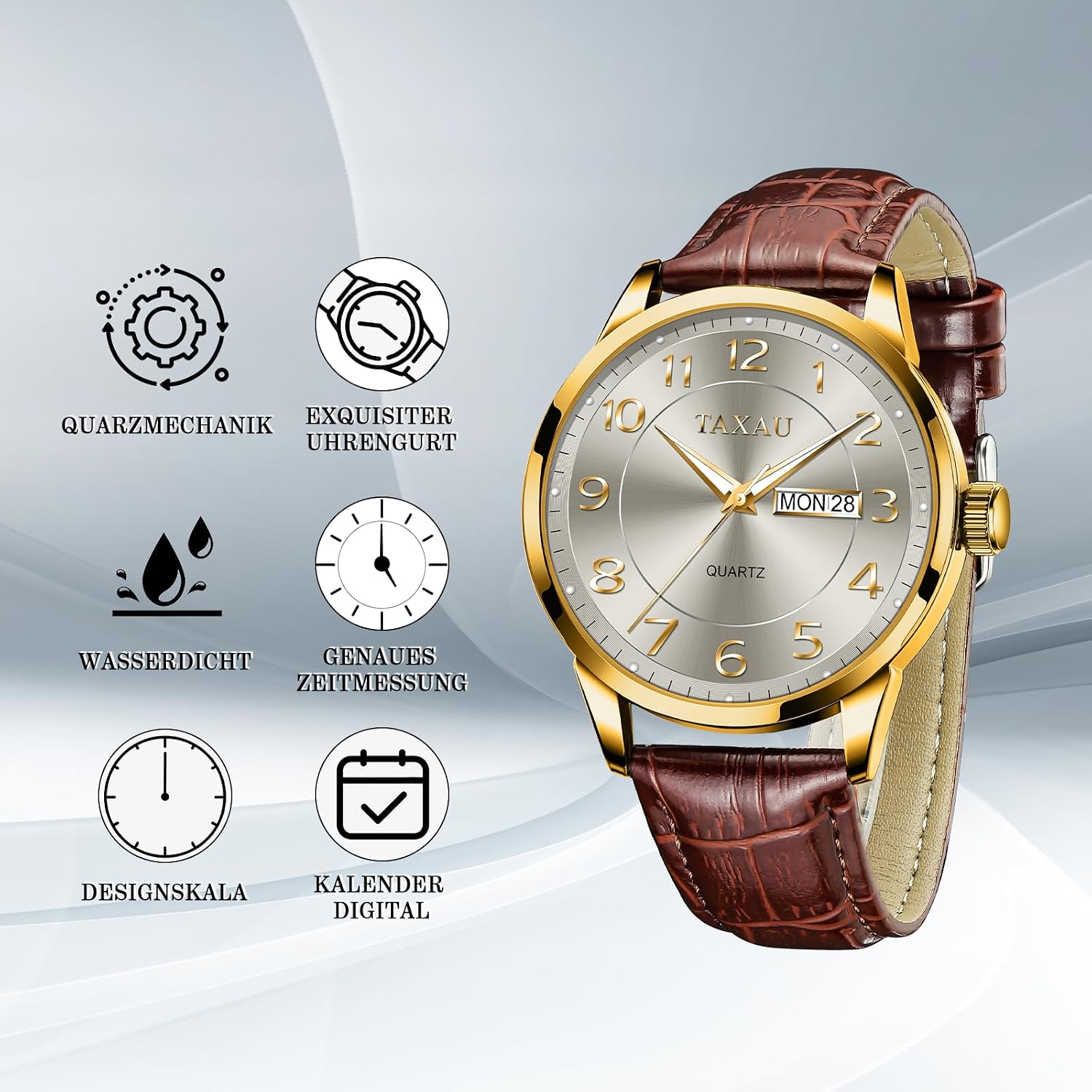 Detalle de Taxau Herren Quarzuhr mit Doppelkalender, Tag-Datum und 30 m wasserdichtem Lederarmband