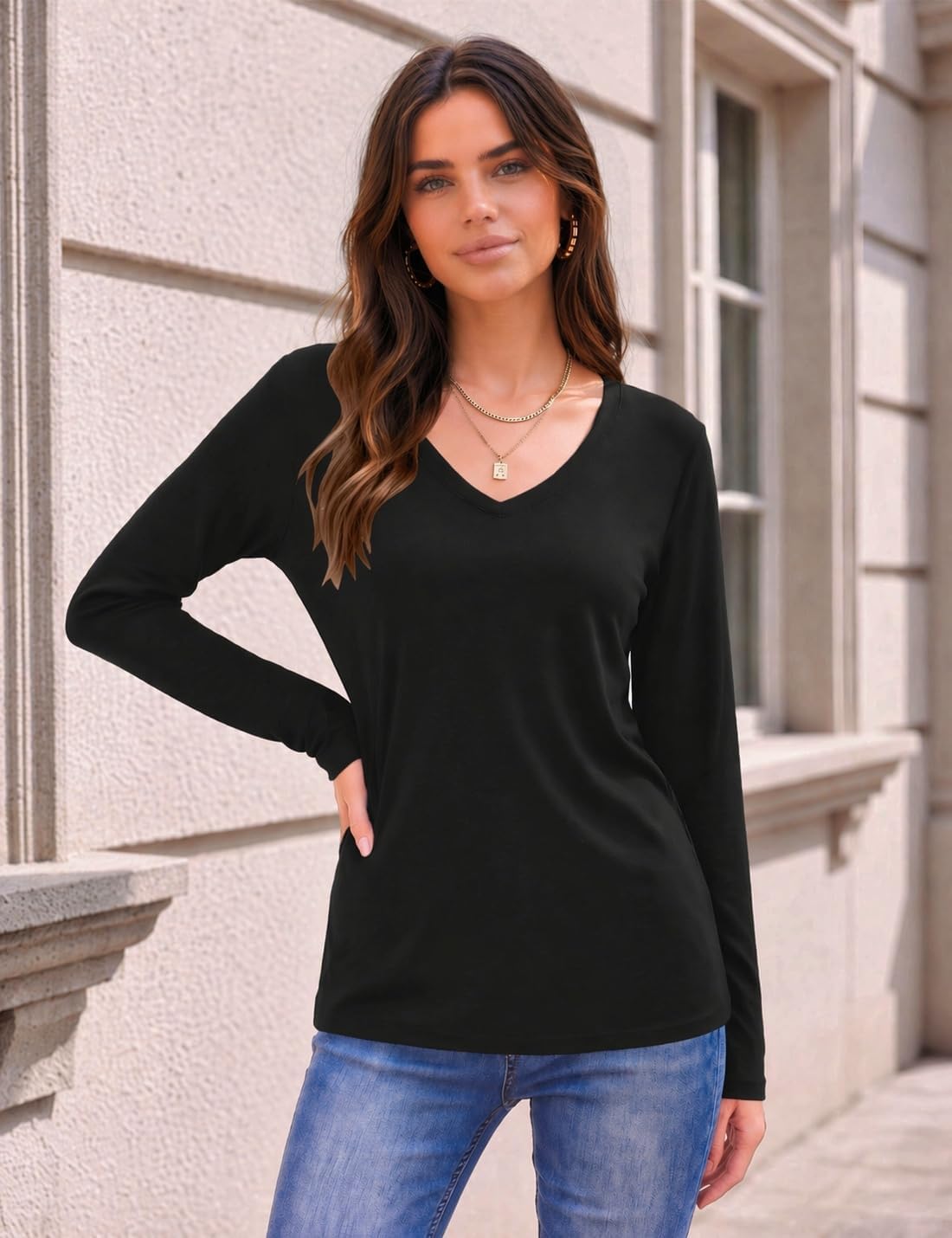 Detalle de Zeagoo Womens Long Sleeve V-Neck Basic Tee Tops: Dressy Casual Work Blouses for All Seasons