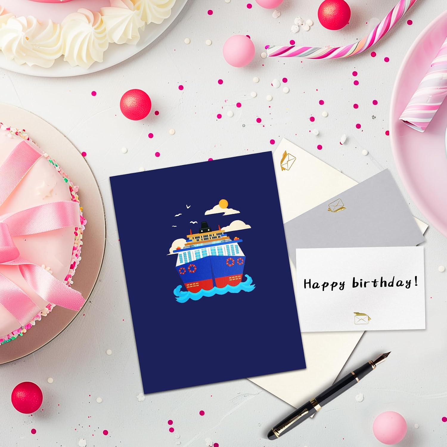 Detalle 2 de GREETING ART Pop Up Karte Kreuzfahrtschiff – Geburtstagskarte mit Musik und Licht (Happy Birthday)