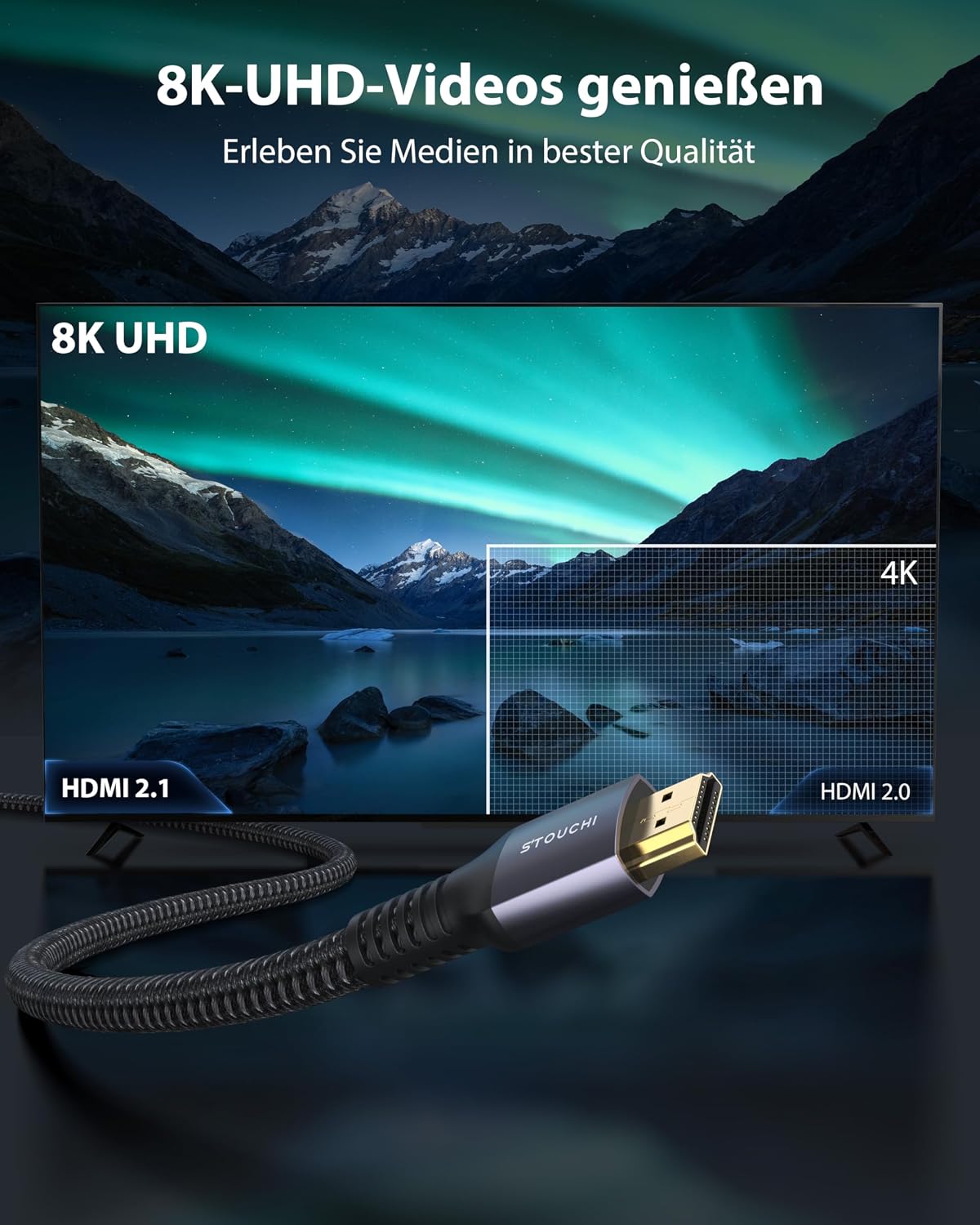 Detalle 2 de Stouchi Ultra High Speed HDMI Kabel 2m (2er-Pack) – Zertifiziertes 8K/4K HDMI 2.1 Kabel mit 48 Gbit/s