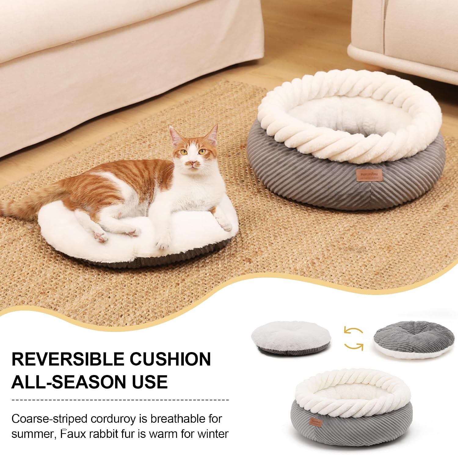 Detalle de FUKUMARU Washable Round Cat Bed with Anti-Slip Bottom, 53 cm – Grey