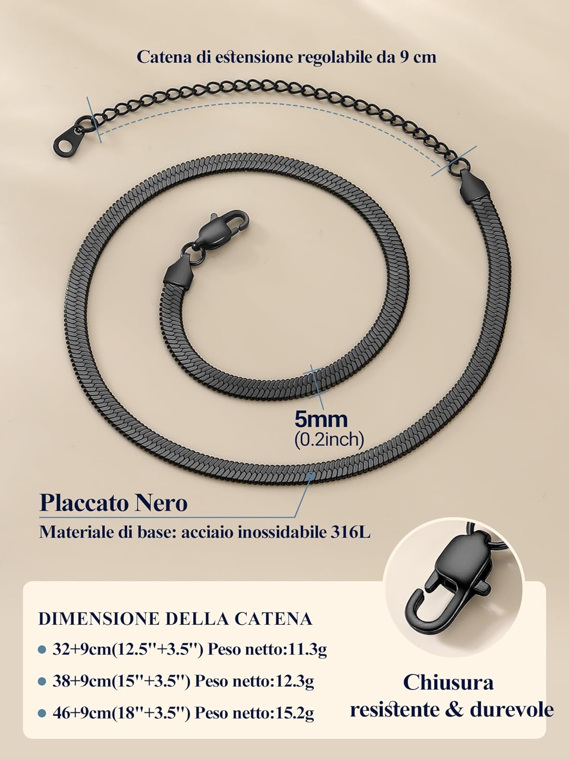 Thumbnail 5 de Collana PROSTEEL a serpente girocollo choker catena piatta 32/38/46 cm, placcatura tripla e acciaio 316L