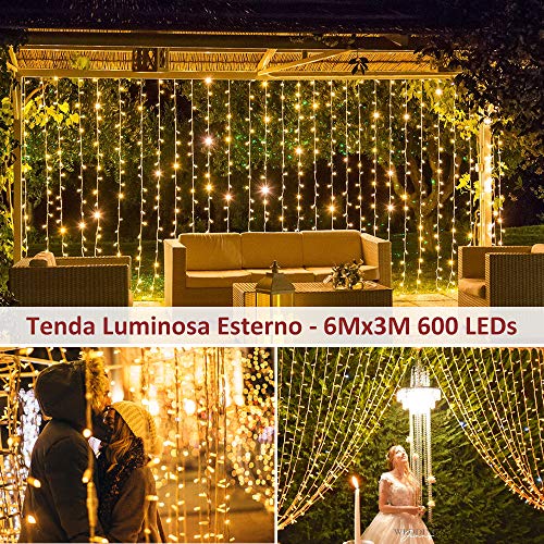 Detalle de Zorela 600 LED 6Mx3M Tenda Luminosa Natale IP44: luci di Natale impermeabili, esterno/interno, 8 modalità