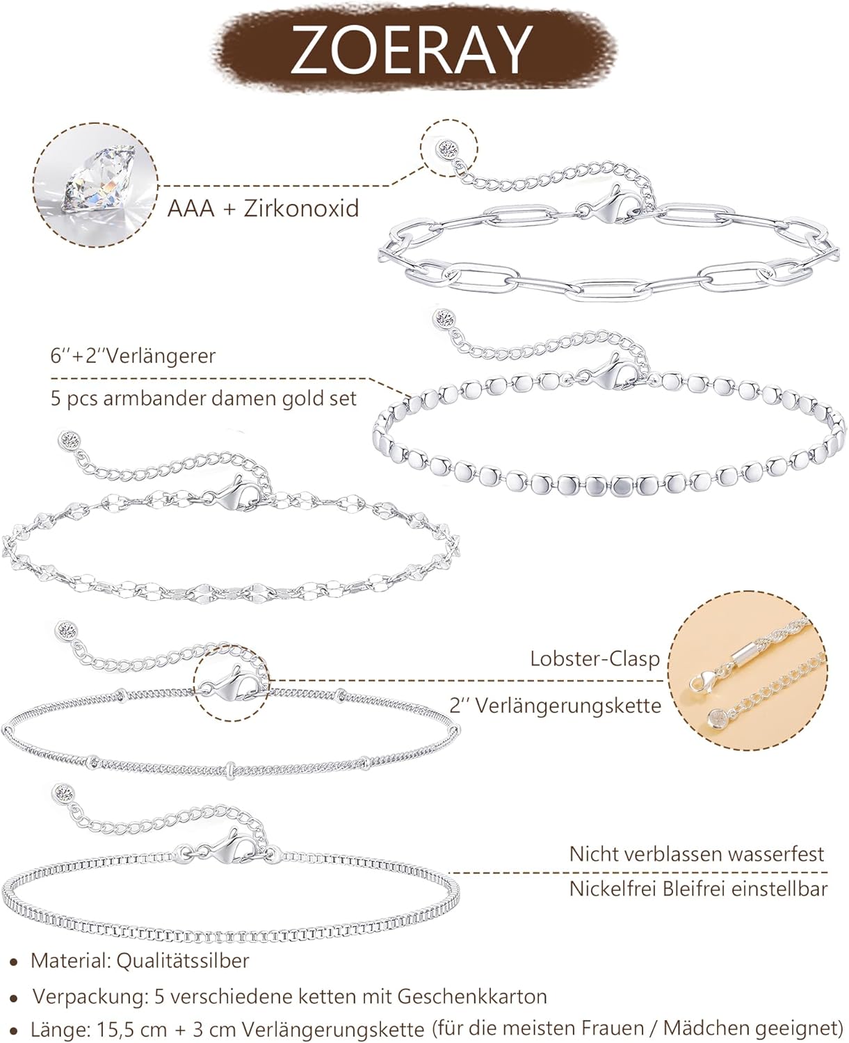 Thumbnail 4 de ZOERAY Armband Damen Set Gold/Silber – wasserfest, 18K vergoldet, verstellbar, stapelbar