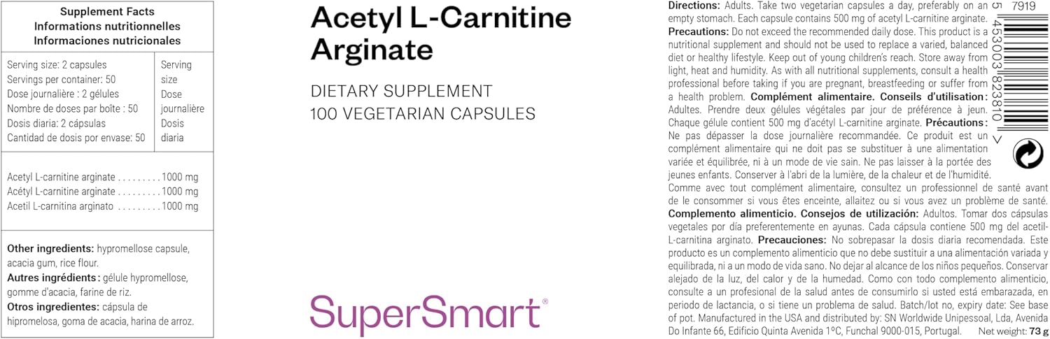 Thumbnail 1 de Acetyl L Carnitine Arginate par Supersmart — Énergie cellulaire, neuroprotection et combustion des graisses (Vegan)
