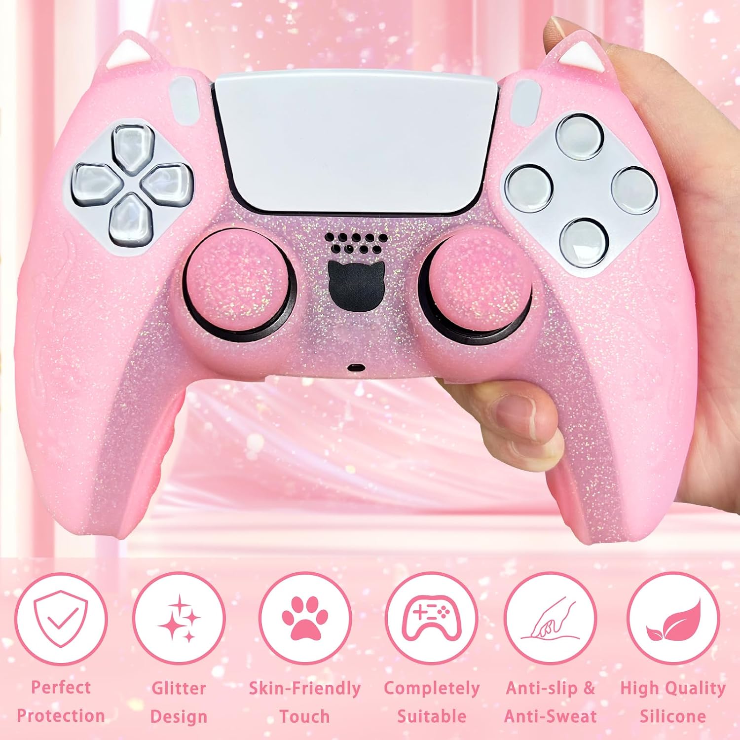 Detalle 2 de HLRAO Pink Cat Glitter Anti-Slip Silicone Controller Skin Grip Set for PS5 (8 thumb grips and 2 paw grips)