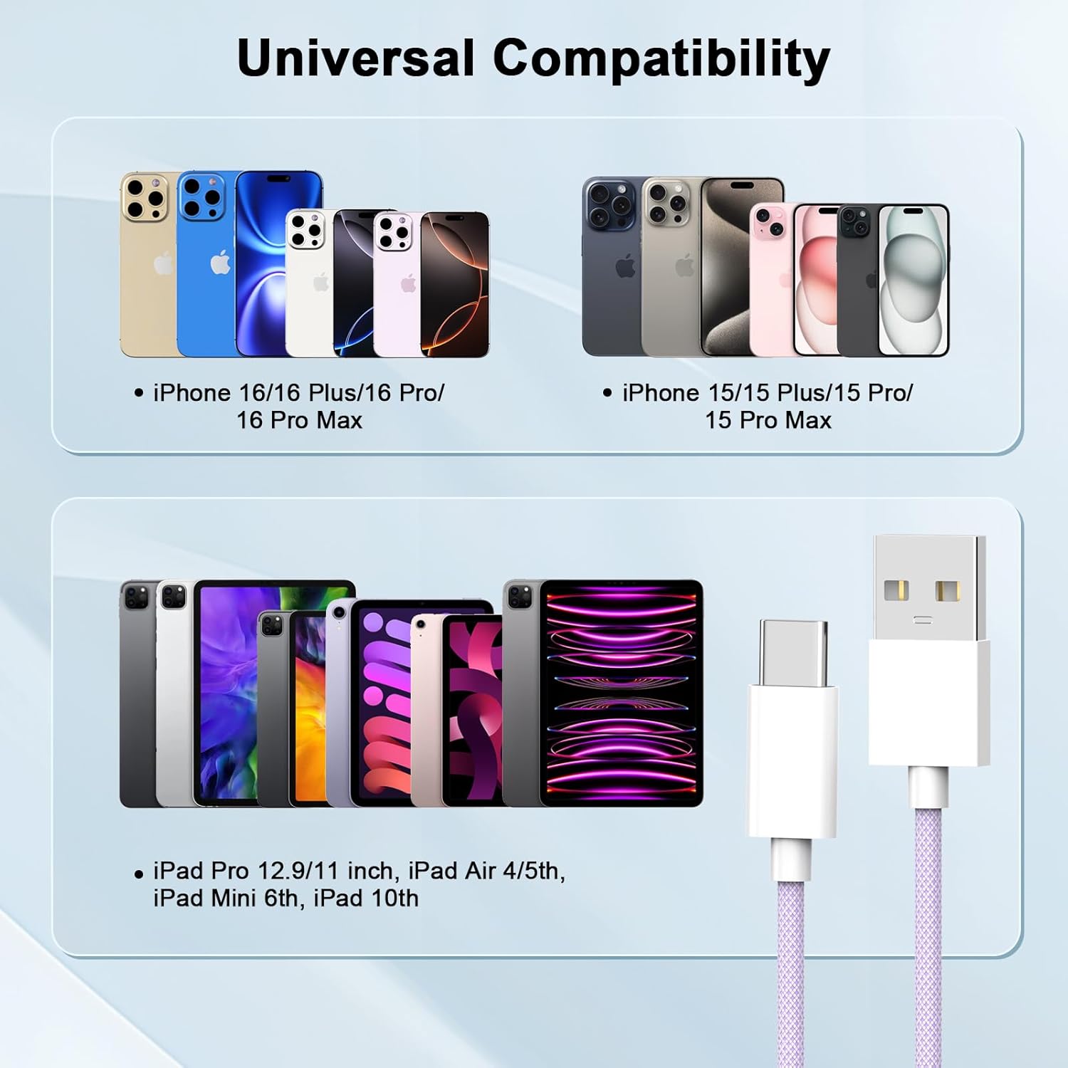 Thumbnail 4 de Car CarPlay Cable for iPhone 16/15 (3 Pack) – 2m USB-A to USB-C Woven Car Charger Cord, Purple