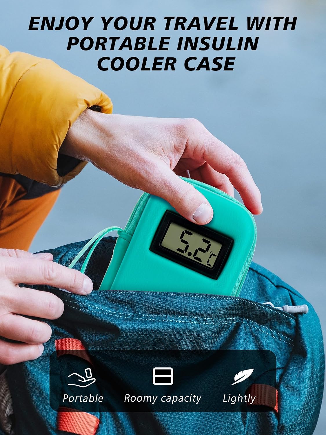 Detalle de YOUSHARES Medicine Cool Bag with Temperature Display (Small Insulin Travel Case) with 2 Ice Packs, Green