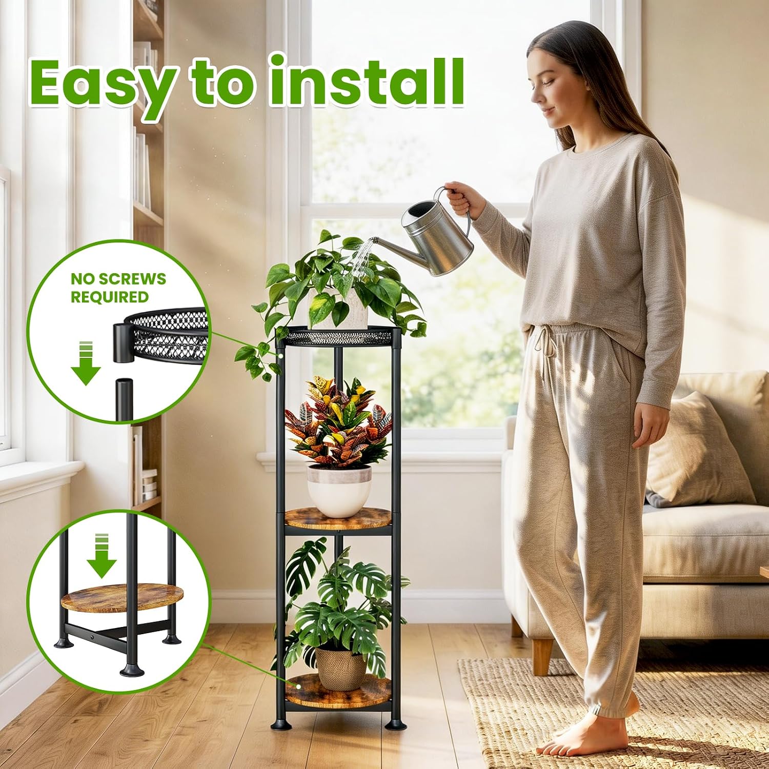 Detalle 1 de Atpddpey 3-Tier Plant Stand, Metal and Wood Corner Shelf