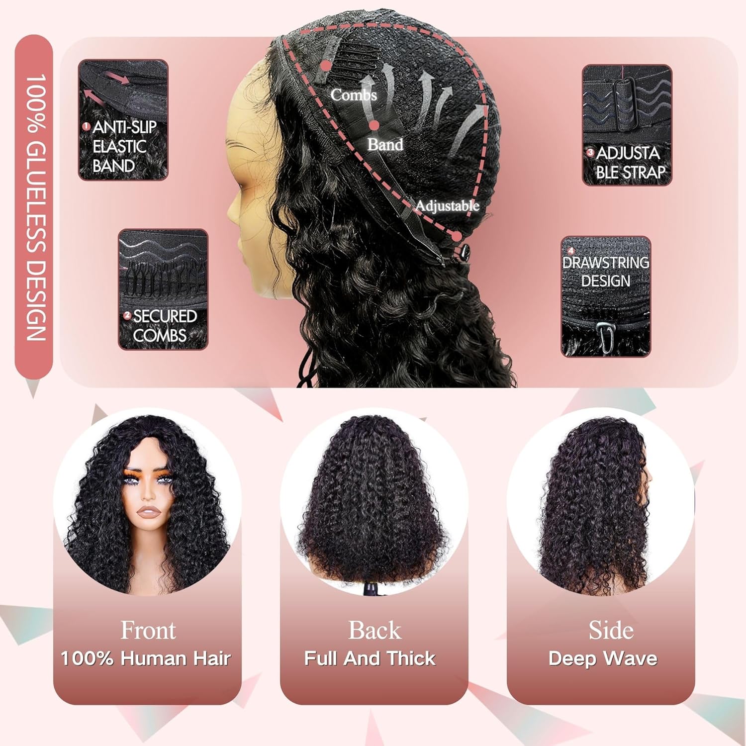 Detalle 2 de Pinketer Deep Wave Half Wig Human Hair 20inch | Glueless 3-in-1 Drawstring Half Wig for Beginner-Friendly, Natural Color