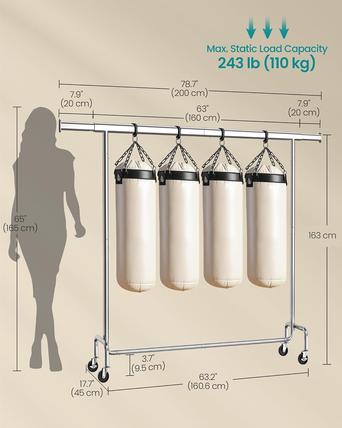 Detalle 2 de SONGMICS PATAYE HSR176E01 – wieszak na kółkach, regulowany drążek, do 110 kg